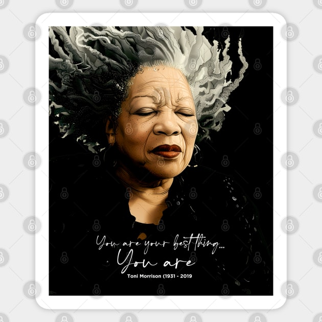 Black History Month: Toni Morrison, “You are your best thing ... You are” on a dark (Knocked Out) background Sticker by Puff Sumo